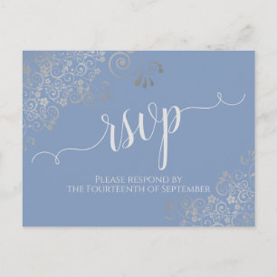 Carte Postale Lacy Silver Calligraphie Light Mariage bleu RSVP