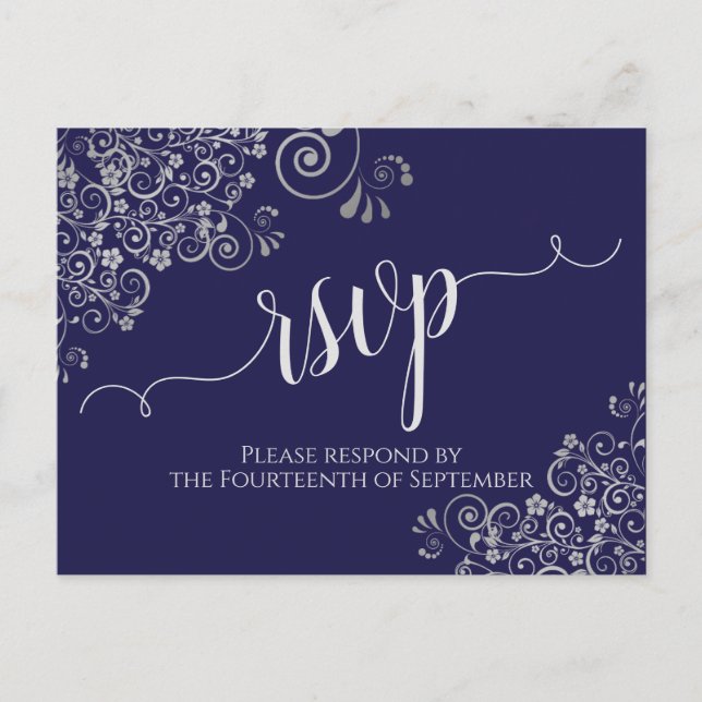 Carte Postale Lacy Silver Calligraphie Marine Blue Wedding RSVP (Devant)