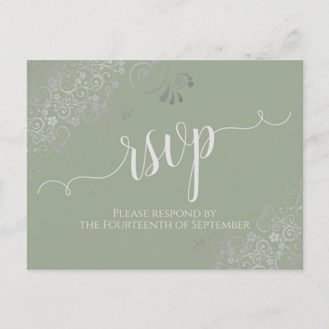 Carte Postale Lacy Silver Calligraphie Sage Green Wedding RSVP (Devant)