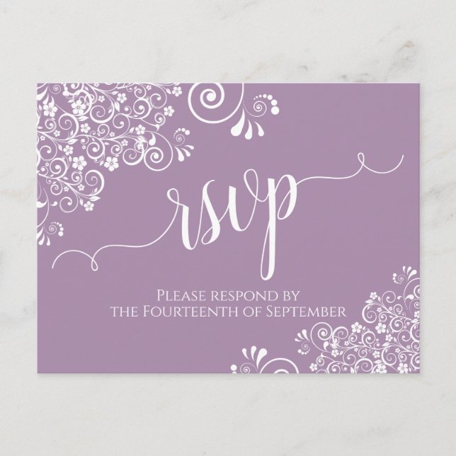 Carte Postale Lacy White Calligraphie Dusty Purple Wedding RSVP (Devant)