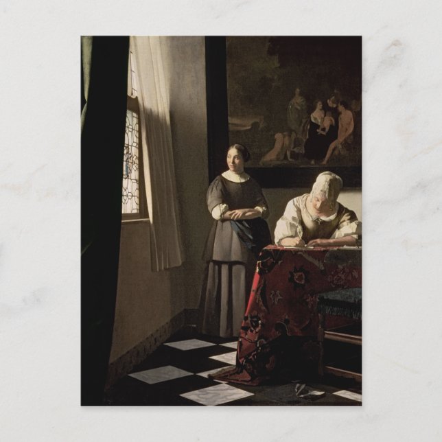 Carte Postale Lady écrit une lettre avec sa bonne, vers 1670 (Devant)
