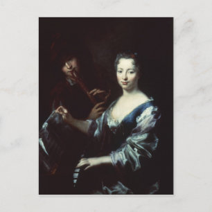 Carte Postale Lady jouant d'une spinette et d'un flûtiste