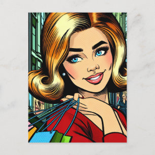 Carte Postale Lady rétro avec des sacs à provisions milieu du si