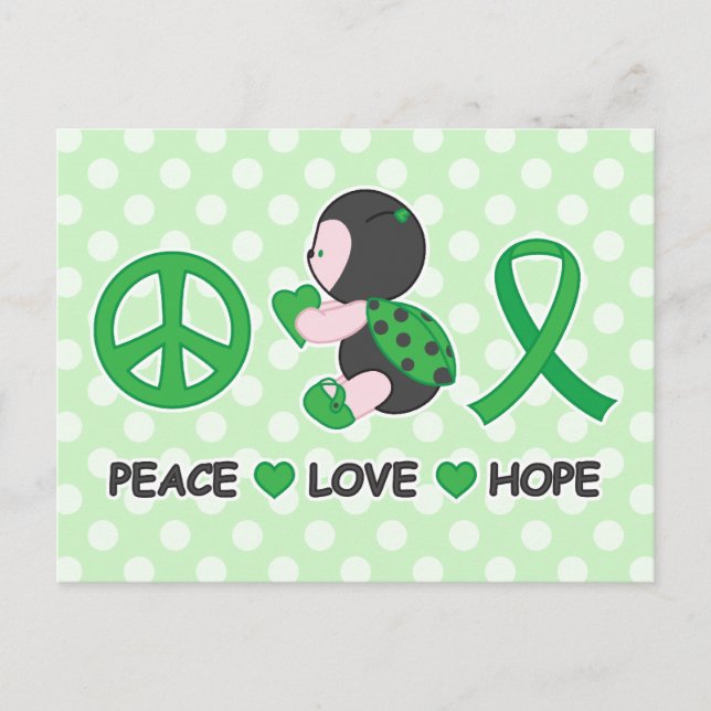 Carte Postale Ladybug Peace Love Hope Green Awareness Ruban (Devant)