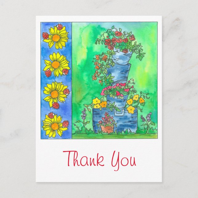 Carte Postale Ladybugs Tournesols Aquarelle Fleurs Merci (Devant)