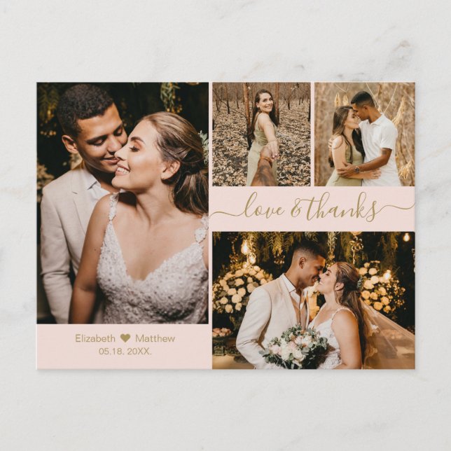 Carte Postale L'amour et Merci Merci Mariage rose et or (Devant)