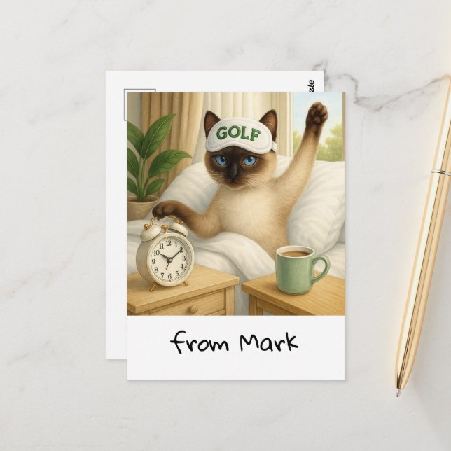 Carte Postale L'amoureux de chat de golf est au lit (Devant/Arrière en situation)