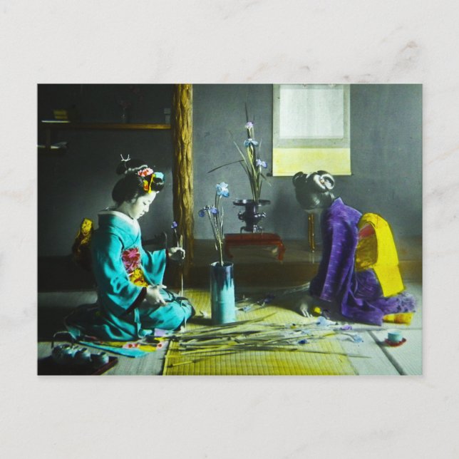Carte Postale Lanterne magique japonaise Geisha couleur main vin (Devant)