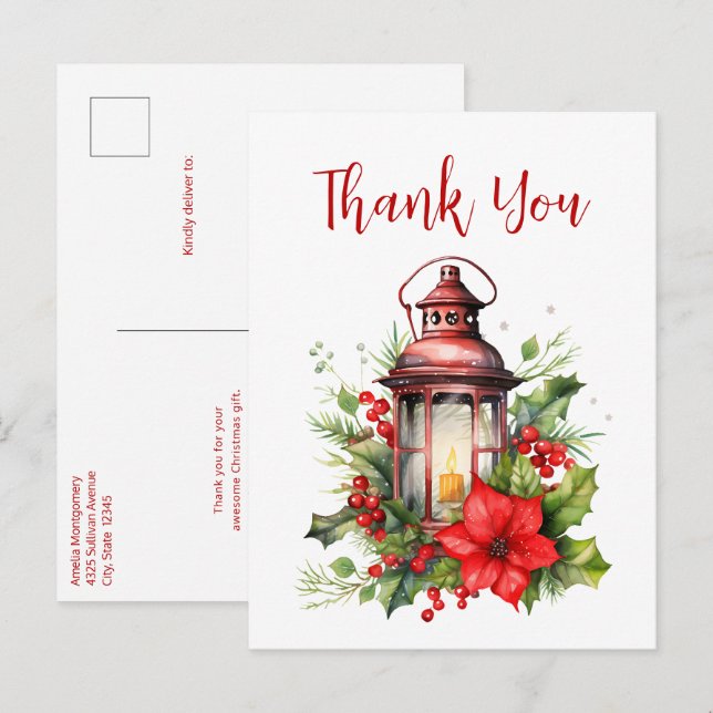 Carte Postale Lanterne rouge de Noël Poinsettia Merci (Devant / Derrière)
