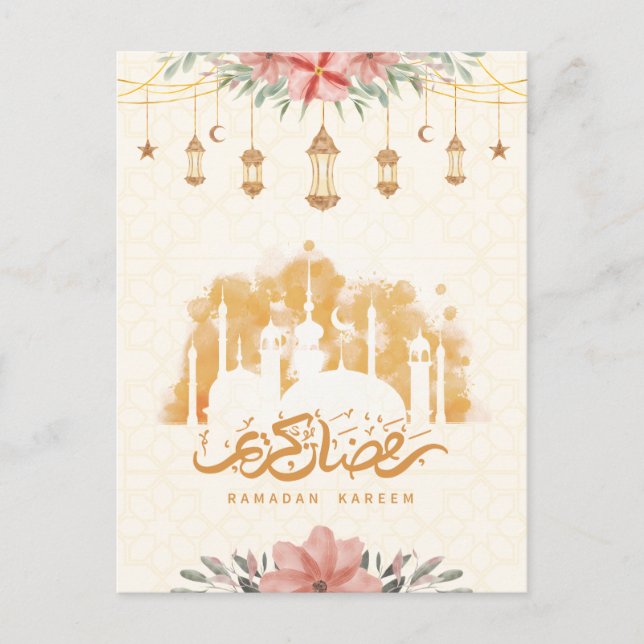 Carte Postale Lanternes d'aquarelle florale Ramadan Kareem (Devant)