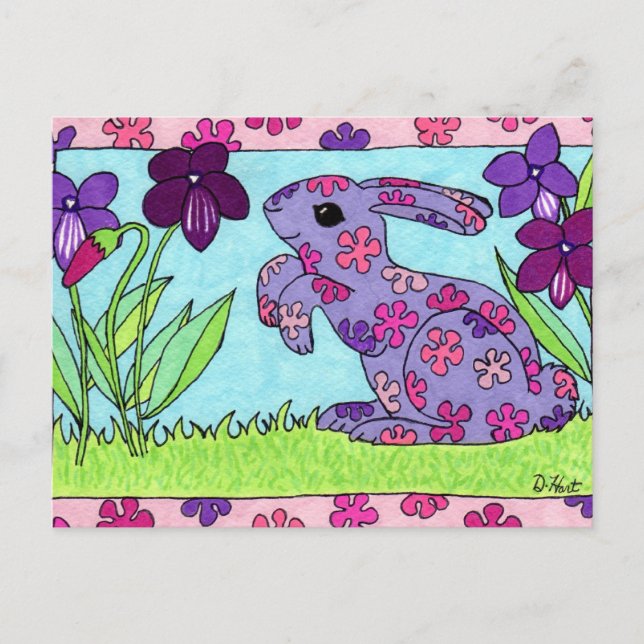 Carte Postale Lapin à fleurs violettes (Devant)