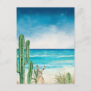 Carte Postale Lapin à l'aquarelle sur paysage de plage de cactus