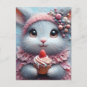 Carte Postale Lapin adorable avec un gâteau à la fraise