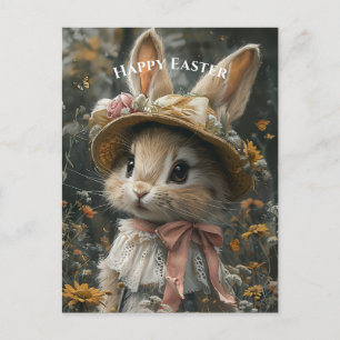 Carte Postale Lapin adorable Chapeau de paille Fleurs Dentelle