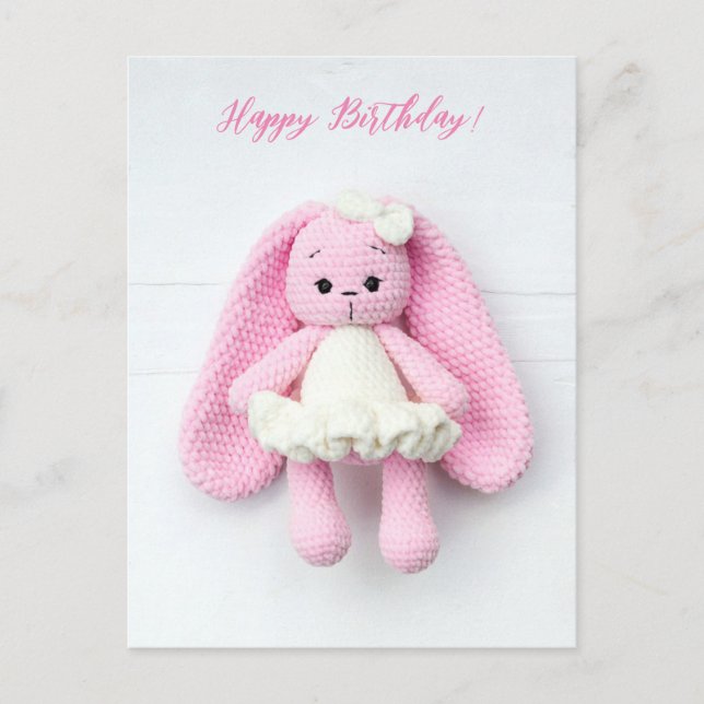 Carte Postale Lapin au crochet rose Kawaii – Joyeux Anniversaire (Devant)