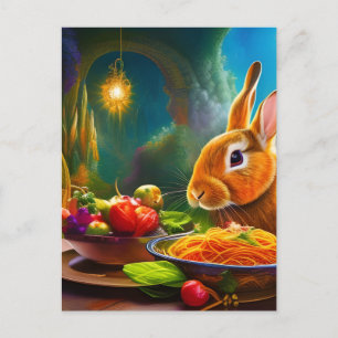 Carte Postale Lapin Avec Un Bowl De Spaghetti