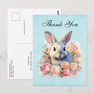 Carte Postale Lapin avec une guirlande de roses Mignon Merci