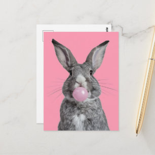 Carte Postale Lapin Beau Qui Mâche Du Chewing-Gum Rose