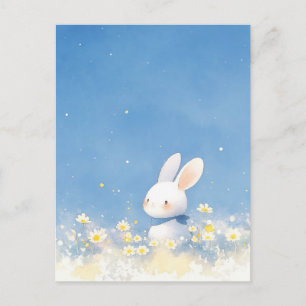 Carte Postale Lapin Blanc Douce dans Prairie Ciel Bleu