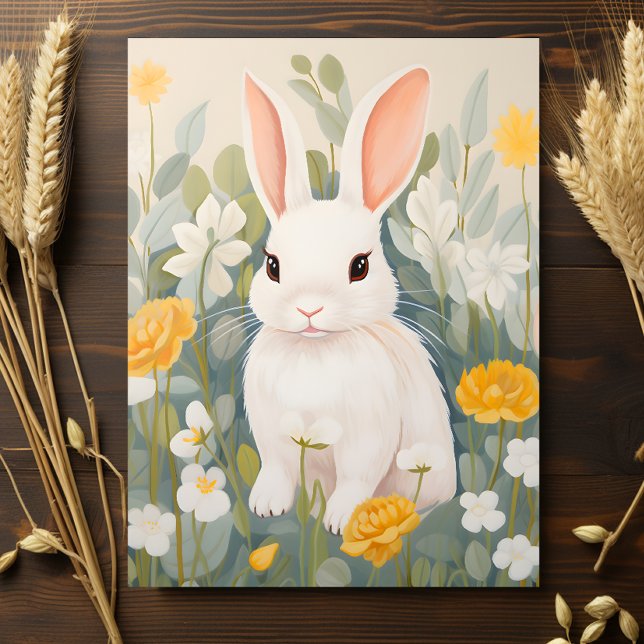 Carte Postale Lapin blanc parmi les fleurs printanières (Créateur téléchargé)
