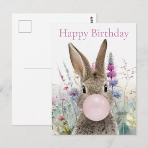 Carte Postale Lapin chewing-gum rose Joyeux anniversaire