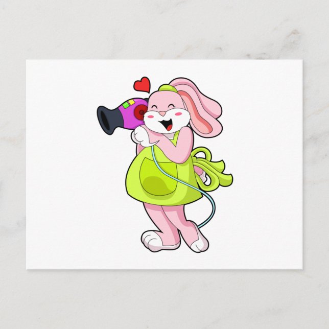 Carte Postale Lapin coiffeur avec sèche-cheveux (Devant)