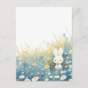 Carte Postale Lapin Crème Sucrée dans Prairie de Fleurs Sauvages