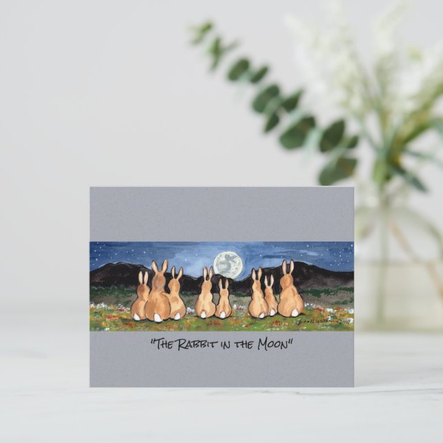 Carte Postale Lapin dans la lune Aquarelle Whimsical Art (Debout devant)