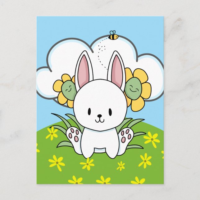 Carte Postale Lapin De Dessin Et Fleurs Joyeuses (Devant)