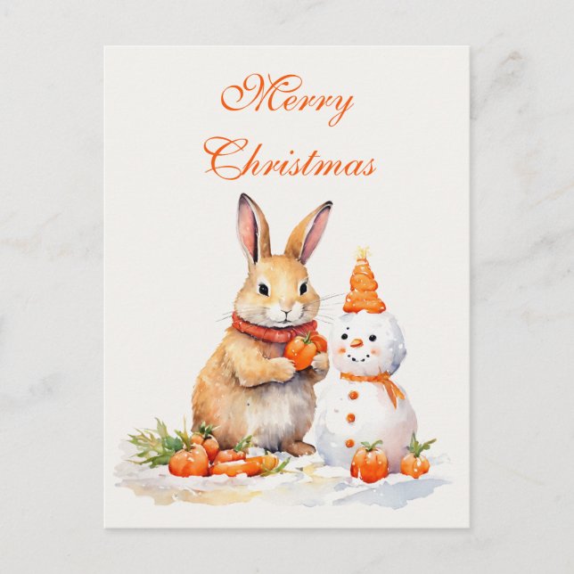 Carte Postale lapin de Noël bonhomme de neige carottes aquarelle (Devant)