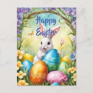 Carte Postale Lapin de Pâques blanc avec des œufs colorés