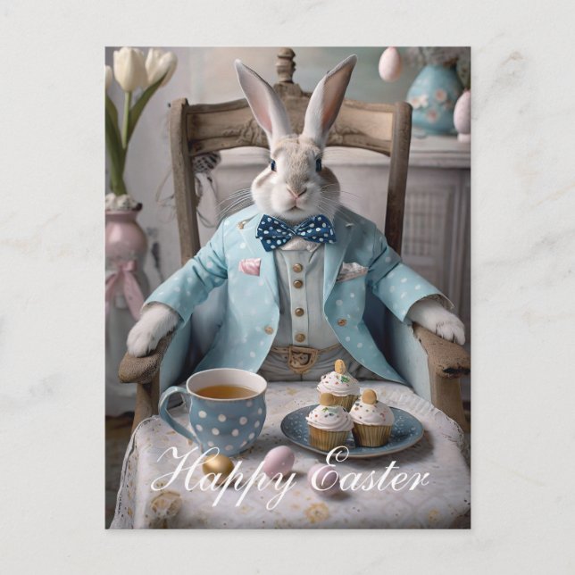 Carte Postale Lapin de Pâques en manteau bleu et cravate arc (Devant)