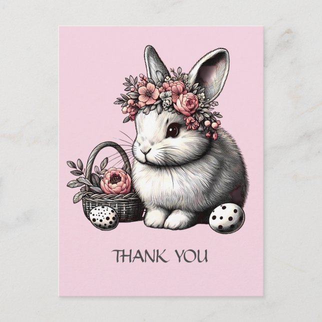 Carte Postale Lapin de Pâques floral rose personnalisé Merci (Devant)