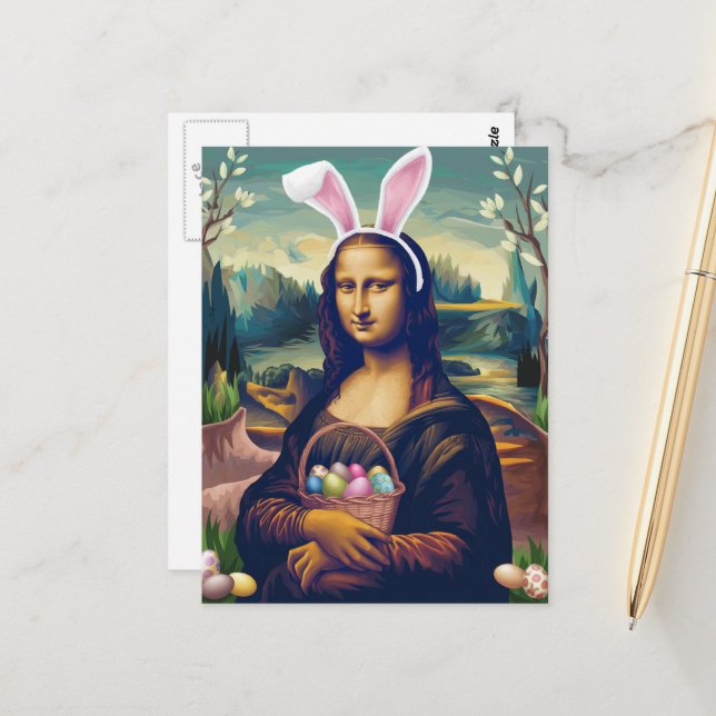 Carte Postale Lapin de Pâques Mona Lisa drôle (Devant/Arrière en situation)