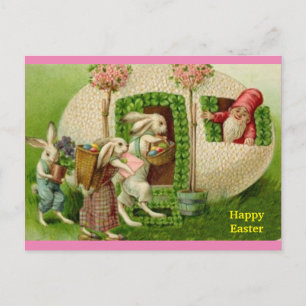 Carte Postale Lapin de Pâques vintage et Gnome européen