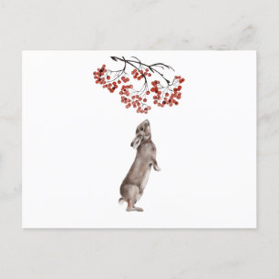 Carte Postale Lapin d'hiver Manger Berry en Aquarelle