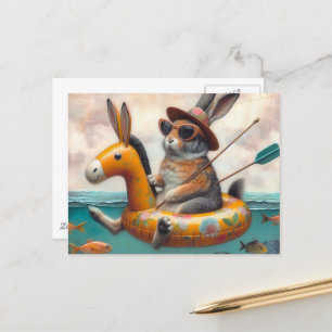 Carte Postale Lapin drôle dans un char à âne