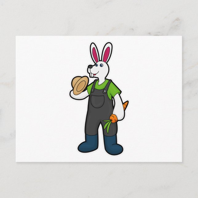 Carte Postale Lapin en fermier avec carotte et chapeau (Devant)