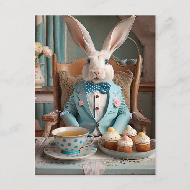 Carte Postale Lapin en manteau bleu et cravate arc (Devant)