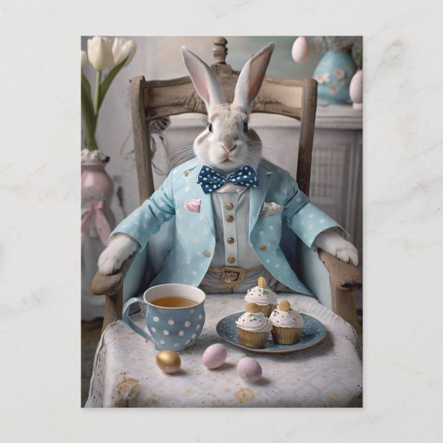 Carte Postale Lapin en manteau bleu et cravate arc (Devant)