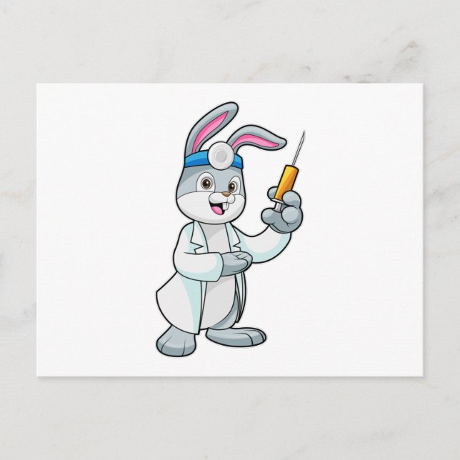 Carte Postale Lapin en médecin au vaccin avec seringue (Devant)
