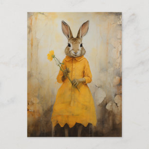 Carte Postale Lapin en robe jaune avec fleur jaune
