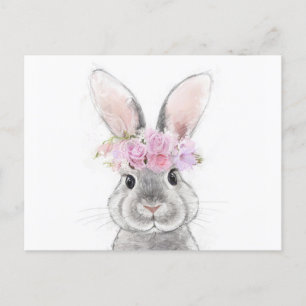Carte Postale Lapin gris avec Portrait de couronne de fleurs