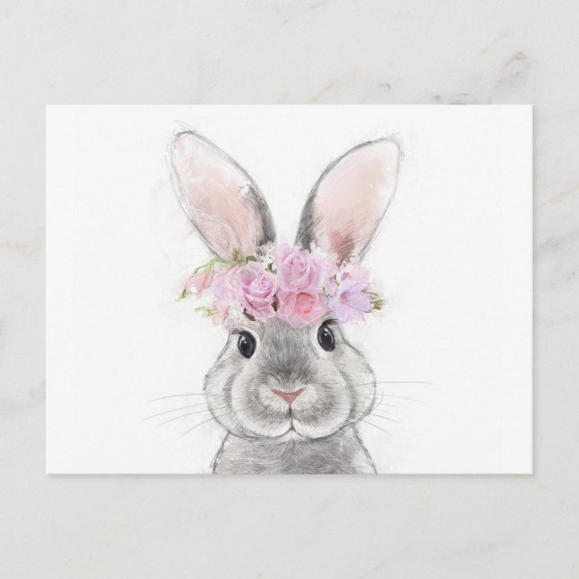 Carte Postale Lapin gris avec Portrait de couronne de fleurs (Devant)