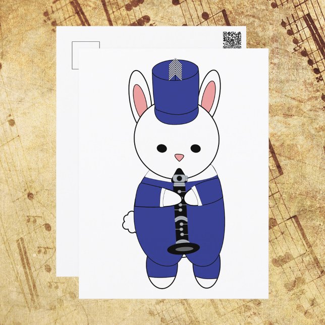 Carte Postale Lapin Lapin Clarinet Marche Bande Bleu Blanc (A cute postcard with a rabbit playing the clarinet in a blue and white marching band uniform.)
