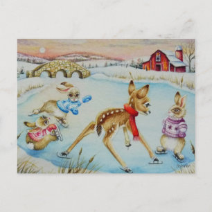 Carte Postale Lapin lapins et patinage sur glace Fawn Aquarelle 
