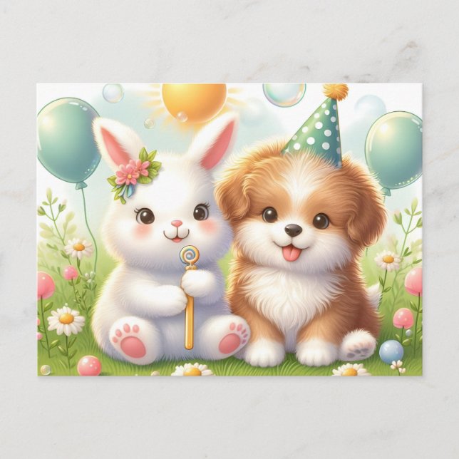 Carte Postale Lapin mignon & chiot mignon (Devant)