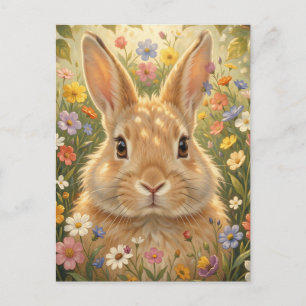 Carte Postale Lapin mignon dans une prairie fleurie vibrante