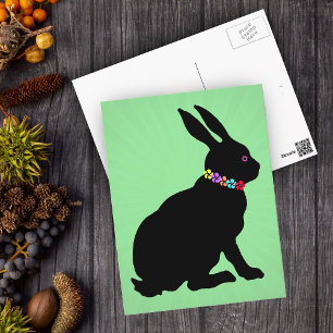 Carte Postale Lapin noir assis en Silhouette Jolie Fleurs