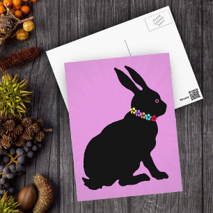 Carte Postale Lapin noir assis en Silhouette Jolie Fleurs